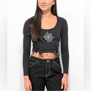 SWIXXZ by Zumiez Spider Lace Up Black Long Sleeve Crop T-Shirt Size Small